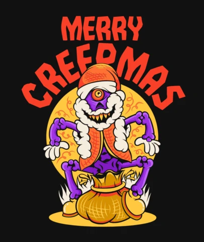 Merry Creepmas One-Eyed Purple Santa with Sharp Teeth & Swirly T-Shirt Design Template
