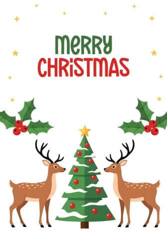 Biglietto di auguri per le festività con renna e albero circondati da foglie di agrifoglio e stelle nel design del biglietto di auguri di Natale.