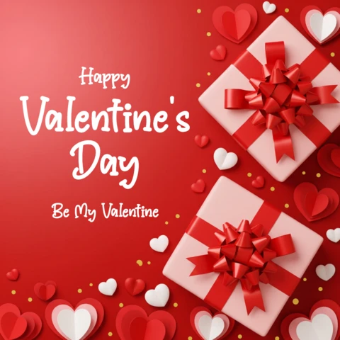 Happy Valentine’s Day Poster Festive Love Design with Red-Pink Hearts and Ribboned Boxes