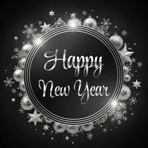Elegant New Year Celebration Template Design with Silver Ornaments for Greeting Cards