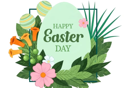 Plantilla de diseño floral de Pascua para tarjetas de felicitación con huevos coloridos y flores.