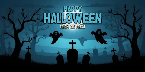 Хэллоуинская ночь, haunted cemetery с призраками и туманными деревьями, шаблон дизайна обложки для YouTube