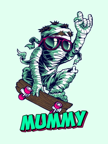 Divertida momia monopatín mascota plantilla diseño de la camiseta