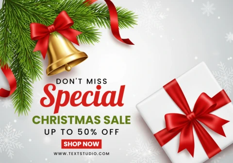 Holiday Promotion Flyer Festive Christmas Template with Pine Branches, Red Ribbon, and Special Offer