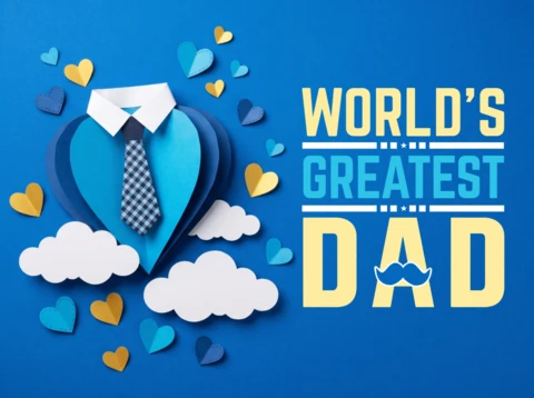 Father’s Day 2026 Celebration Poster Highlighting Blue Background Heart Shirt Craft Tie Paper Hearts Clouds Mustache and Hero Dad Sentiment