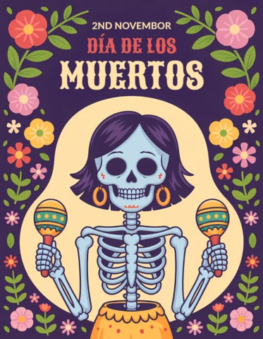 Dia De Los Muertos Skeleton Design Template for Festive Posters