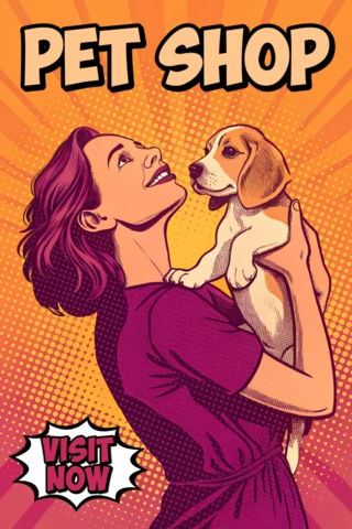 ポップアートのペットショップデザインテンプレート、幸せな女性と子犬をフィーチャーしたプロモーションフライヤー用