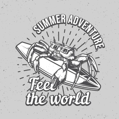 Crab On Surfing Board T-Shirt Design Template