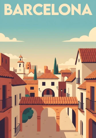 Barcelona Mediterranean Street Scene with Church Tower & White Buildings Travel Posters Design Template