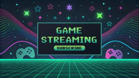 Retro oyun akışı şablonu, neon tasarımı ve kumanda grafikleri ile