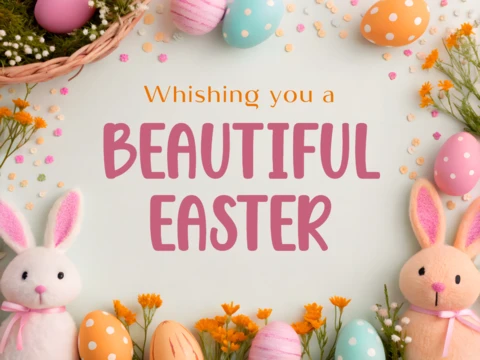 Charming Easter Greeting Card Template Design with Cute Bunnies and Pastel Colors