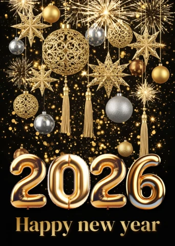 Elegant New Year Celebration Template with Golden Balloons and Stars for Festive Cards