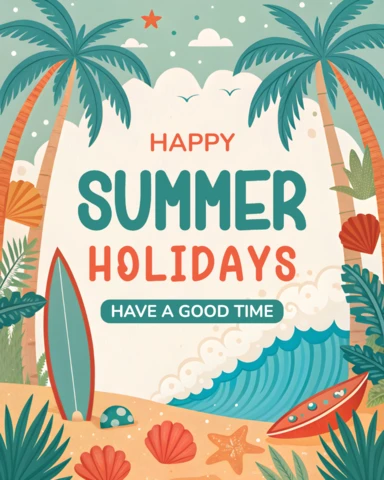 Plantilla de saludos para las vacaciones de verano con ola de surf y playa