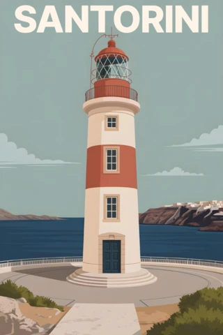 Red and White Lighthouse with Sea View and Cliffside Village Santorini Travel Posters Design Template