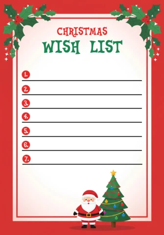 Wunschzettel Vorlage Weihnachtsbriefpapier mit rotem Rand, Stechpalmenblättern und dem Weihnachtsmann neben dem Baum