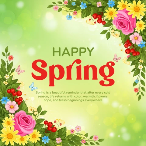 Spring Greeting Card Blooming Roses, Daisies, and Blossoms Framing Fresh Green Design