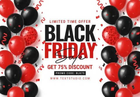 Bold Black Friday Promo Red and Black Balloon Theme with Festive Streamers Sale Design Template for Promotional Flyers