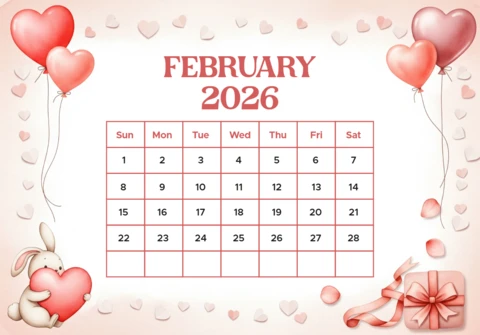 February 2026 Calendar Romantic Theme with Gift Box, Bunny, and Soft Pink Background