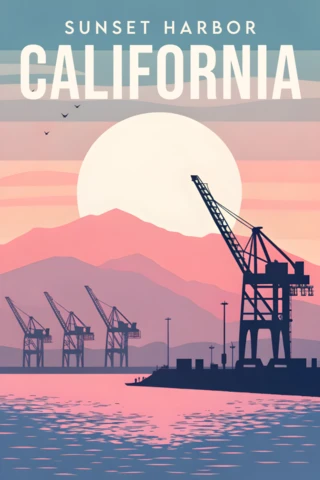 Plantilla de diseño para carteles de atardecer en California en puerto industrial.