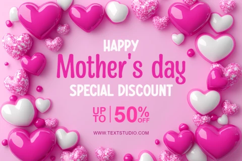 Happy Mother's Day Discount Template - Colorful 3D Glossy Hearts Design