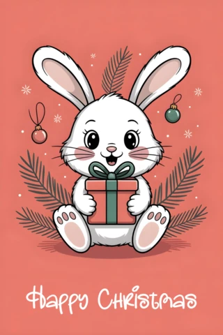 Christmas Greeting Card Design Cute Bunny with Wrapped Gift and Holiday Ornaments On Red Background Template