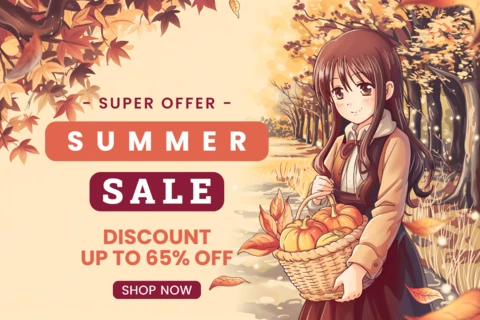 Anime Style Summer Sale Template with Girl and Basket for Promotional Flyers