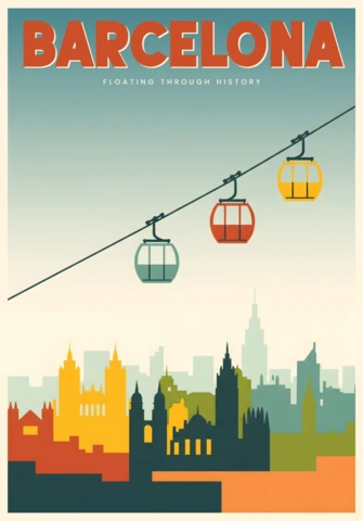Barcelona Cable Car Stylized Cityscape & Gradient Sky Travel Posters Design Template
