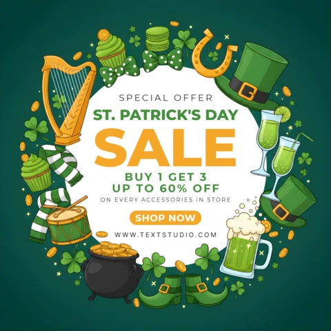 St. Patrick’s Day Sale Poster Design Template with Shamrocks, Leprechaun Hats, and Festive Circular Layout