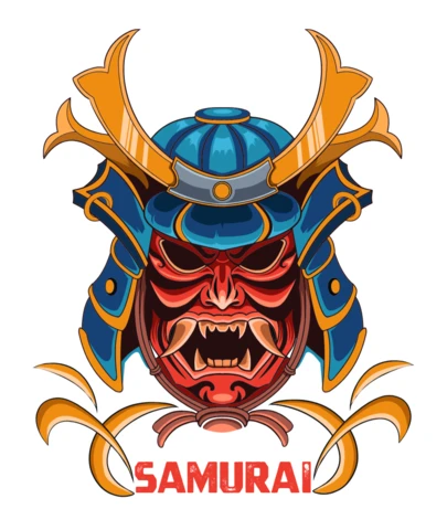 Samurai Spirit Blue Kabuto Helmet with Red Mask and Gold Detailing T-Shirt Design Template