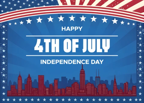 Template de celebração do dia da independência, 4 de julho, com design de horizonte da cidade.
