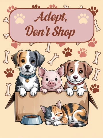 Plantilla de diseño de cartel de rescate de animales "Adopta, no compres" con mascotas adorables.