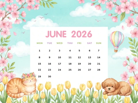 2026年6月の子供向け月間カレンダー、パステルカラーの花や遊び心満載の猫と子犬のイラスト付き