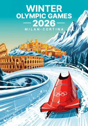 ミラノ・コルティナ冬季オリンピック2026のポスター、ボブスレー選手、雪のトラック、ミラノ・コルティナ大会のイタリアの遺産