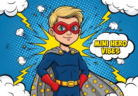Mini héros vibes cartoon super-héros avec une cape étoilée et un modèle de design de poster de bande dessinée pop.