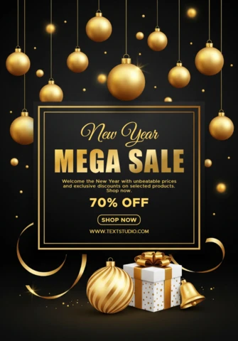 Holiday Sale Poster New Year 2026 Design with Sparkling Gold Accents and Framed Discount Banner
