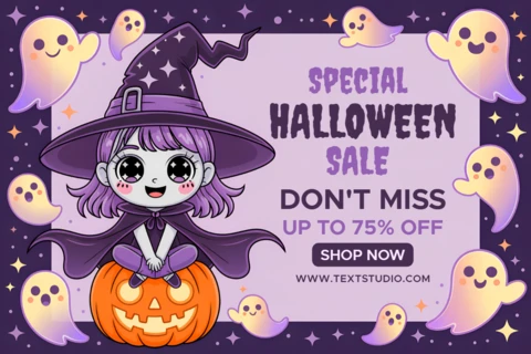Editable Halloween Sale Template with Cute Manga Witch Design for Posters and Promotions