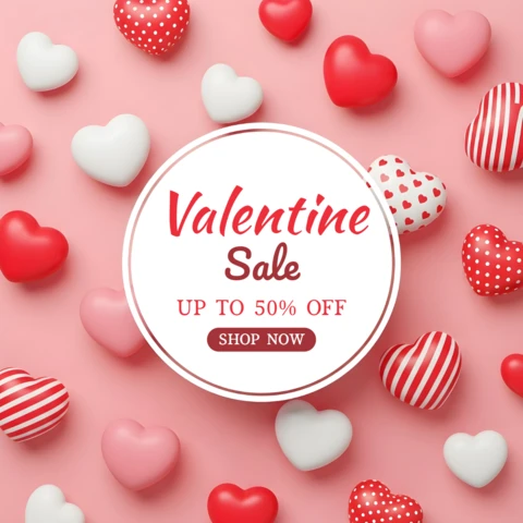 Plantilla de diseño de venta del día de San Valentín con gráficos de corazones para volantes promocionales.