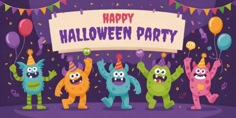 Halloween Monster Party Cartoon Creatures, Balloons & Confetti Celebration Facebook Cover Design Template