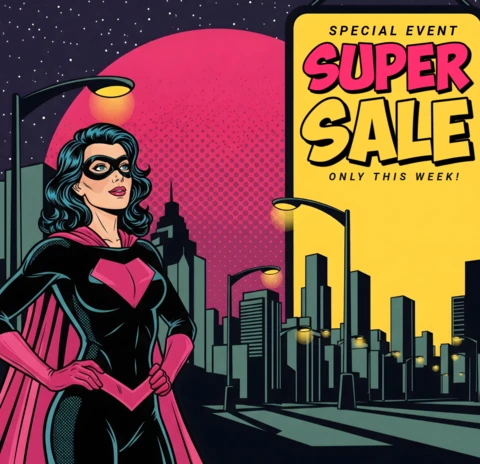 Modèle de conception de bannière de scène nocturne de style bande dessinée de vente de super-héros avec une héroïne pour des flyers promotionnels