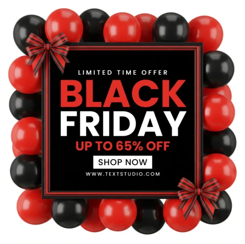 Manifesto del Black Friday palloncini rossi e neri con fiocchi a righe e offerta a tempo limitato su sfondo nero quadrato modello di design per promozioni