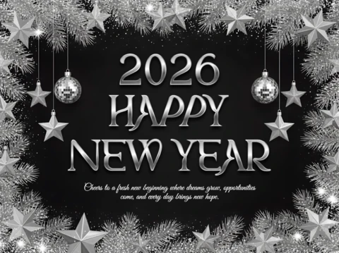Elegant New Year Celebration Template with Silver Stars and Disco Balls Design for Party Invitations