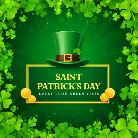 Modèle de design pour la Saint-Patrick avec un chapeau porte-bonheur et un trèfle vert pour des cartes de vœux festives.