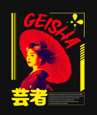 Tee culturale geisha tradizionale kimono e design del template della maglietta streetwear con kanji giallo