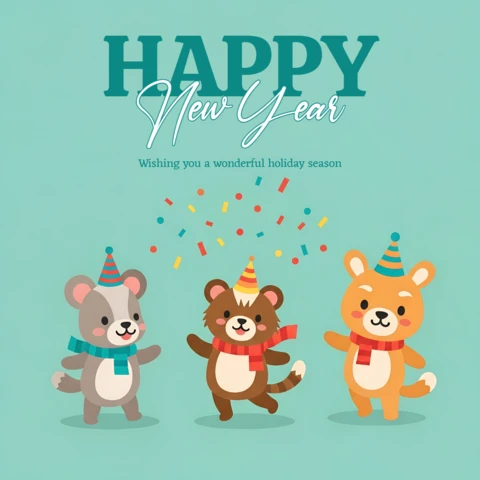 Template di design dei personaggi animali per biglietti di auguri festivi di buon anno.