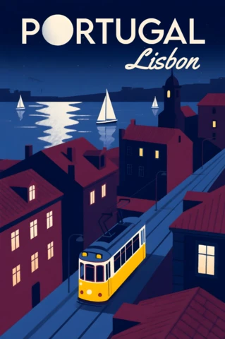 Lisbon Tram Retro Design Template for Travel Posters