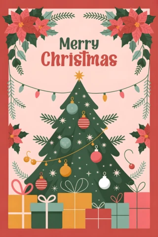 Saisonale Grußkarte mit Weihnachtsbaum, umgeben von Geschenken, Lichtern und Weihnachtssternen auf festlichem Hintergrund.