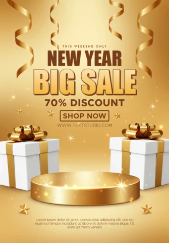 New Year Promotion Template Festive Weekend Sale with Gold Ribbons and Elegant Typography