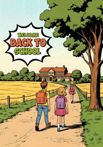 Volta às aulas, alunos caminhando por caminho de terra em direção à escola rural com design de pôster de texto em nuvem de quadrinhos.