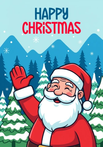 Papai Noel em paisagem de inverno com pinheiros e flocos de neve emoldurando uma feliz saudação de Natal.