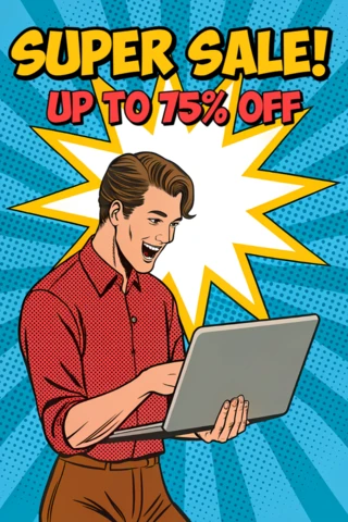 Plantilla de anuncio de venta de arte pop con comprador emocionado para volantes promocionales.